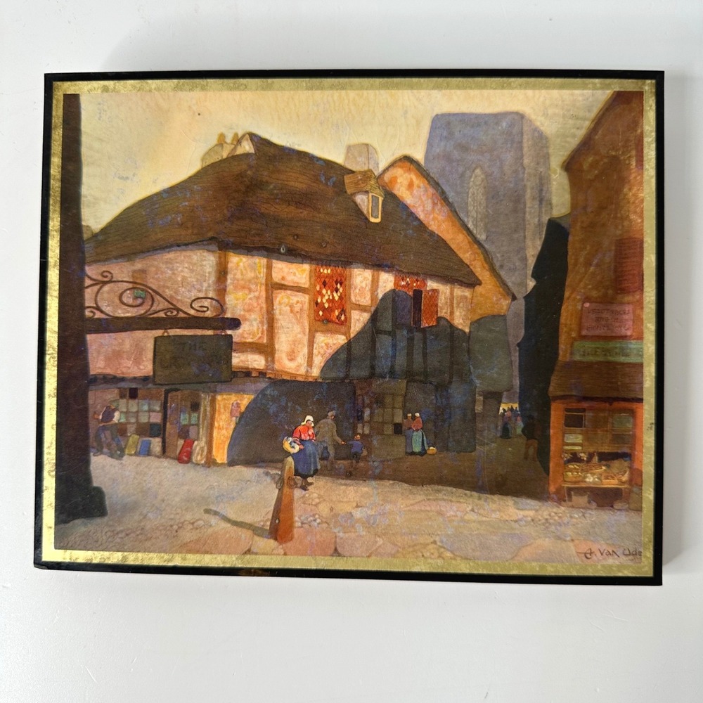 Vintage Hy-Glo Plaque Evans Mfg Co European Street Scene Wood Wall Art 6.5x8"